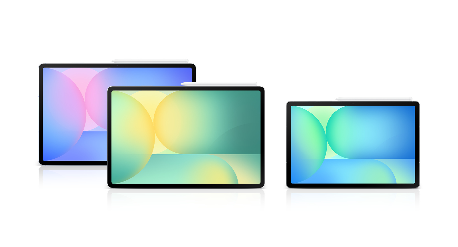 Galaxy Tab S10 FE+ in Blue and Galaxy Tab S10 FE+ in Silver shown in Landscape mode, facing forward with S Pen attached on top. Galaxy Tab S10 FE in Gray shown in Landscape mode, facing forward with S Pen attached on top.