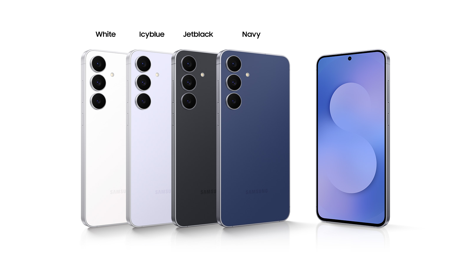 Four Samsung Galaxy S25 FE devices are arranged side by side, each slightly overlapping the one to its left. They are all upright with their backs facing forward and their left sides slightly tilted. The colors from left to right are White, Icyblue, Jetblack and Navy. Another Galaxy S25 FE device stands to the right of the four, with its screen facing forward and its right side slightly tilted.