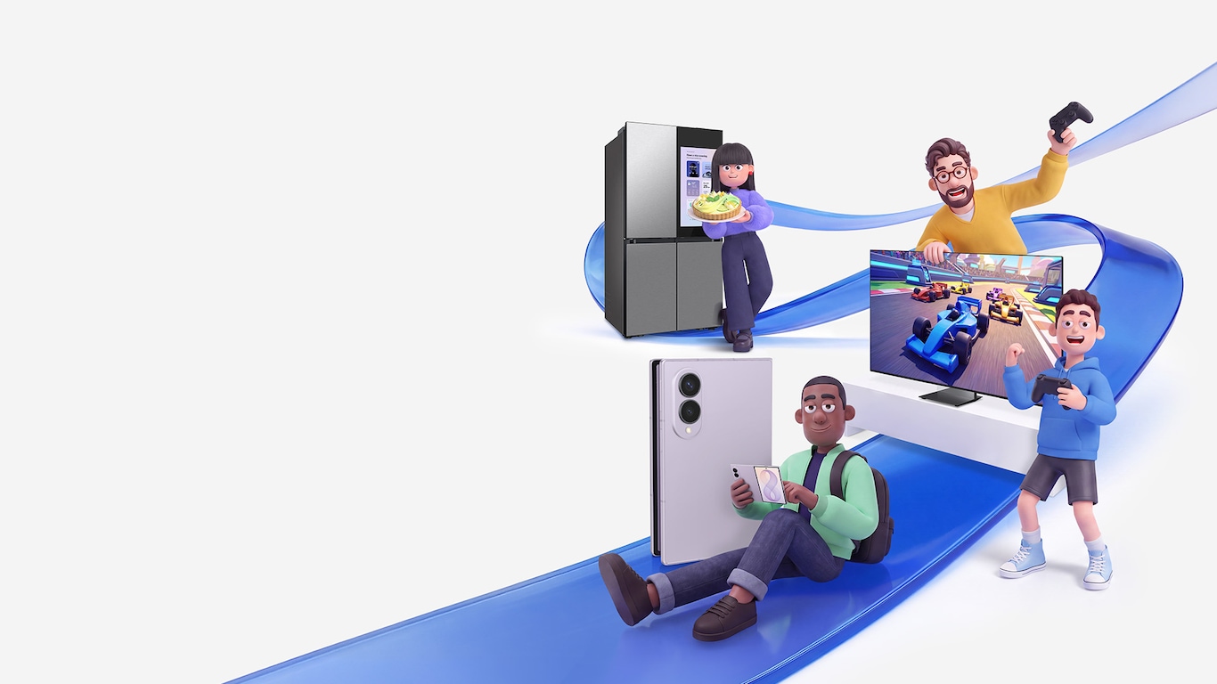 People enjoying connected experiences with a Bespoke AI refrigerator, Micro RGB, and Galaxy Z Fold8.