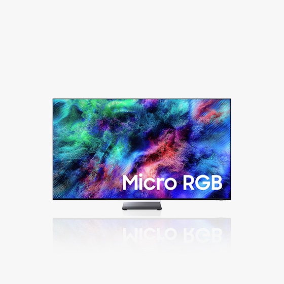다채로운 컬러의 화면을 띄운 Micro RGB 모델의 TV 정면 이미지